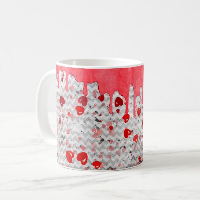 Cute Romantic Red Hearts Dripping Design Valentine Coffee Mug (Front Left)