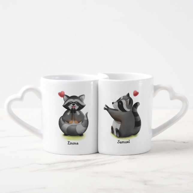 Cute Romantic Sweet Raccoon Couple Coffee Mug Set (Front Nesting)