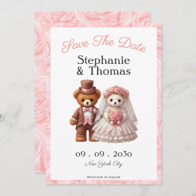 Cute Romantic Teddy Bear Groom and Bride  Wedding Save The Date (Front/Back)