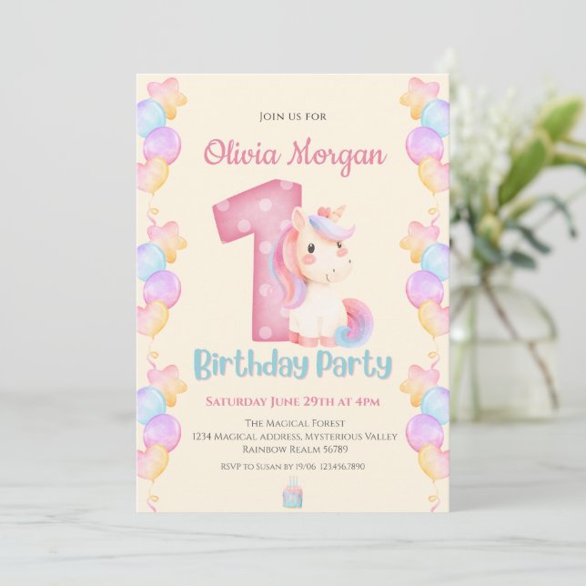 Cute Romantic Unicorn 1st Birthday Invitation (Standing Front)