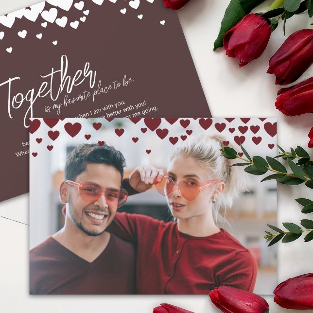 Cute, Romantic Valentine's, Burgundy Red Hearts Invitation (Personalized Valentine's day photo greeting card with hearts, script writing, cute color changeable)