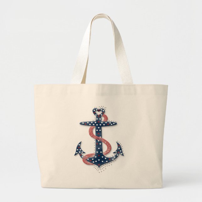Cute romantic valentines hearts anchor large tote bag (Front)