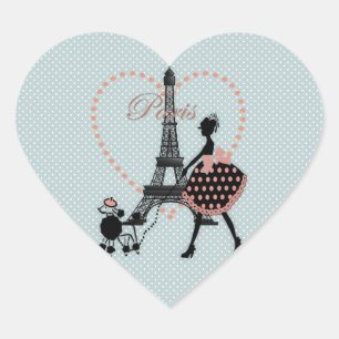 Cute romantic vintage girl silhouette walking heart sticker