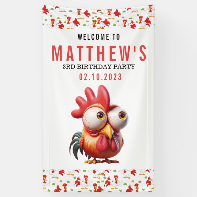 Cute Rooster Caricatures 3rd Birthday Party Banner (Vertical)