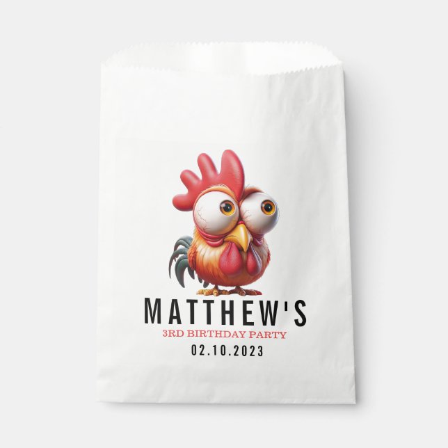 Cute Rooster Caricatures 3rd Birthday Party Favor Bag (Front)