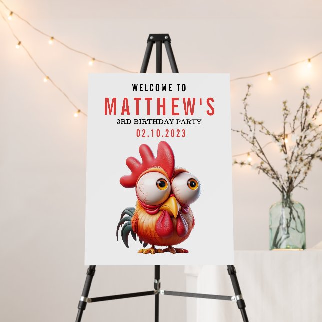 Cute Rooster Caricatures 3rd Birthday Party Foam Board (In Situ (Stand))
