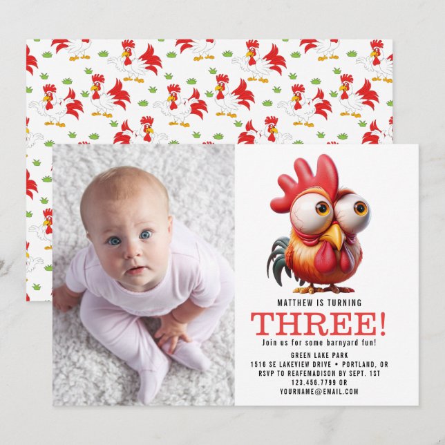 Cute Rooster Caricatures 3rd Birthday Party Invitation (Front/Back)