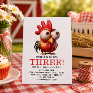 Cute Rooster Caricatures 3rd Birthday Party Invitation