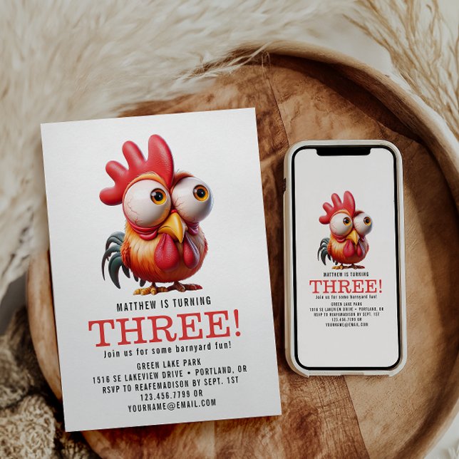 Cute Rooster Caricatures 3rd Birthday Party Invitation (Creator Uploaded)