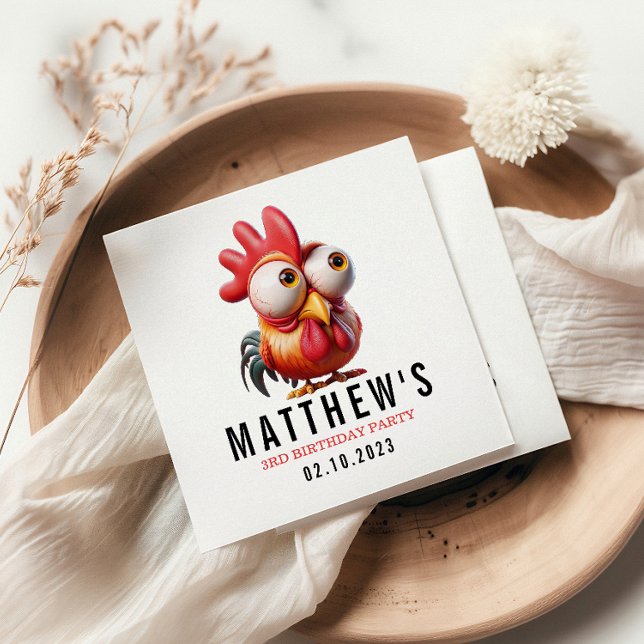 Cute Rooster Caricatures 3rd Birthday Party Napkins (Creator Uploaded)