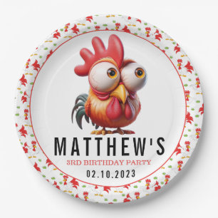 Cute Rooster Caricatures 3rd Birthday Party Paper Plates