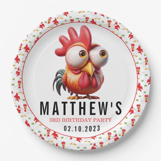 Cute Rooster Caricatures 3rd Birthday Party Paper Plates (Front)