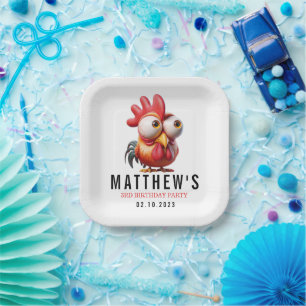 Cute Rooster Caricatures 3rd Birthday Party Paper Plates