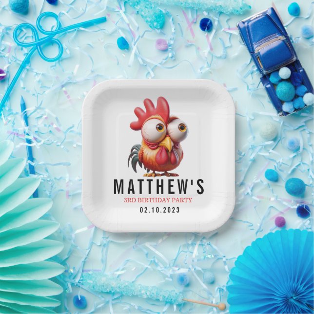 Cute Rooster Caricatures 3rd Birthday Party Paper Plates (Party)