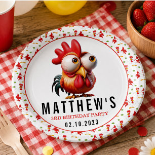 Cute Rooster Caricatures 3rd Birthday Party Paper Plates