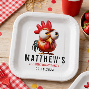 Cute Rooster Caricatures 3rd Birthday Party Paper Plates
