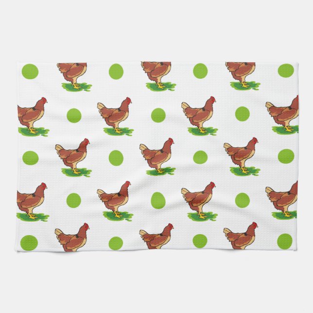 Cute Rooster, Chicken, Green Polka Dots Kitchen Towel (Horizontal)