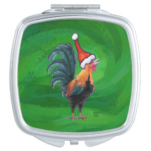 Cute Rooster in Santa Hat On Green Compact Mirror