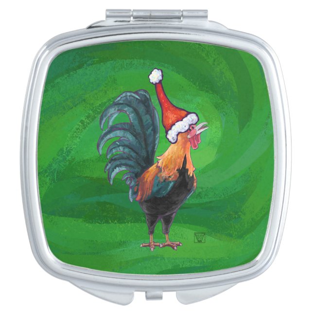 Cute Rooster in Santa Hat On Green Compact Mirror (Front)