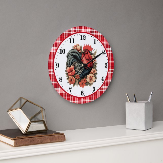 Cute rooster lovers kitchen large clock (Office)