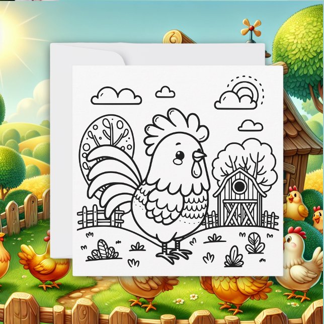 Cute Rooster on a Farm | Color Me Notecard (Creator Uploaded)