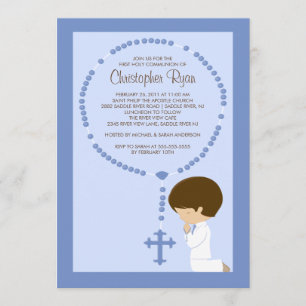 Cute Rosary First Communion Invitation Boy Blue