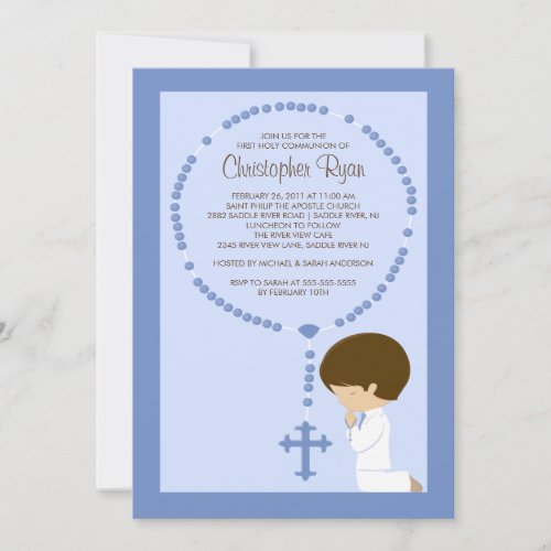 Cute Rosary First Communion Invitation Boy Blue