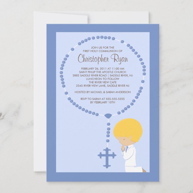 Cute Rosary First Communion Invitation Boy Blue (Front)