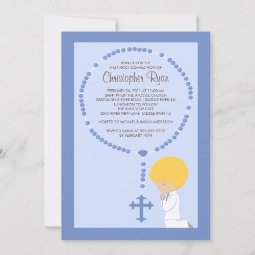 Cute Rosary First Communion Invitation Boy Blue