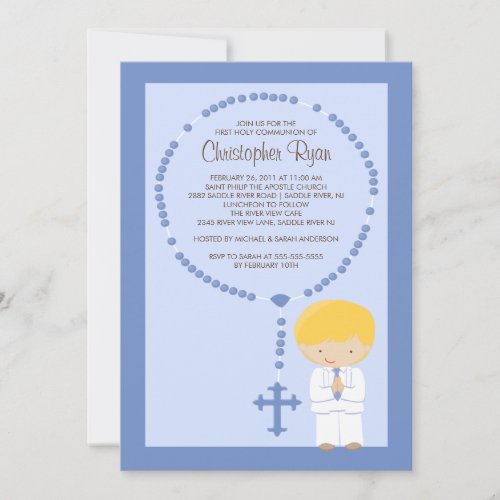 Cute Rosary First Communion Invitation Boy Blue