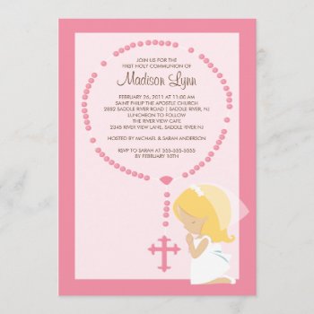 Cute Rosary First Communion Invitation Girl Pink by celebrateitinvites at Zazzle