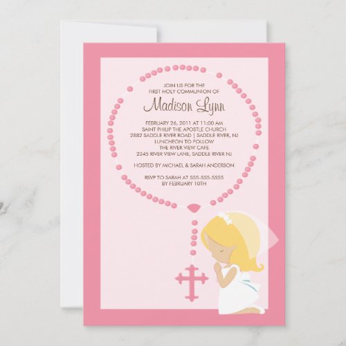 Cute Rosary First Communion Invitation Girl Pink