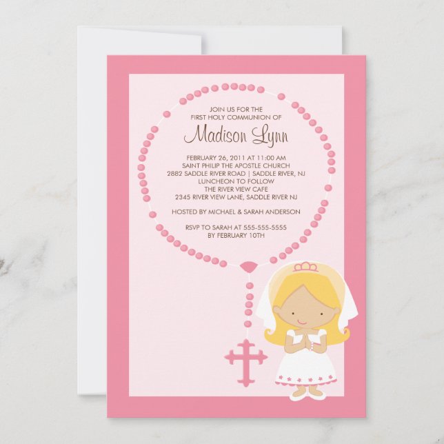 Cute Rosary First Communion Invitation Girl Pink (Front)