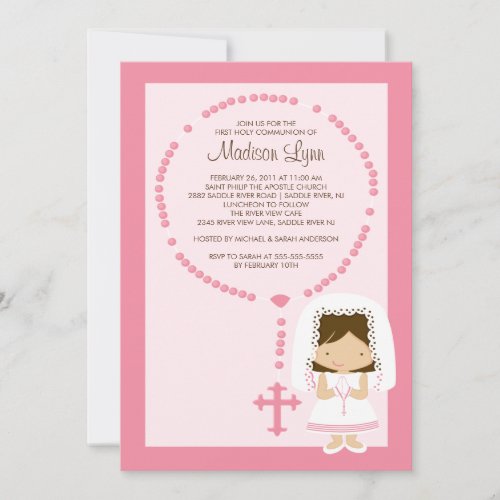 Cute Rosary First Communion Invitation Girl Pink