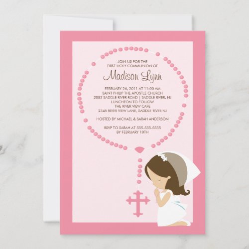 Cute Rosary First Communion Invitation Girl Pink