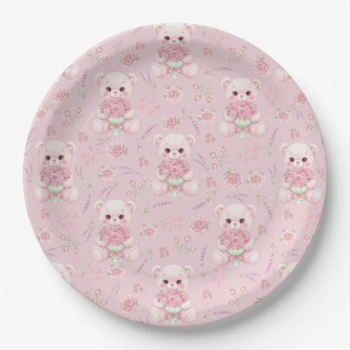 Cute Rose Bear and Floral Bouquet Seamless Pattern Paper Plates