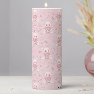 Cute Rose Bear and Floral Bouquet Seamless Pattern Pillar Candle