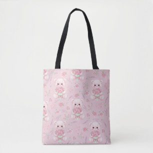 Cute Rose Bear and Floral Bouquet Seamless Pattern Tote Bag
