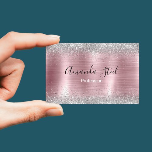 Cute rose blush silver faux glitter business card