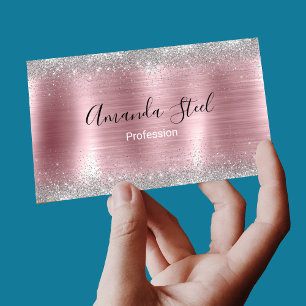 Cute rose blush silver faux glitter business card magnet