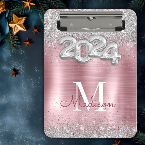 Cute rose blush silver faux glitter monogram 2024  mini clipboard