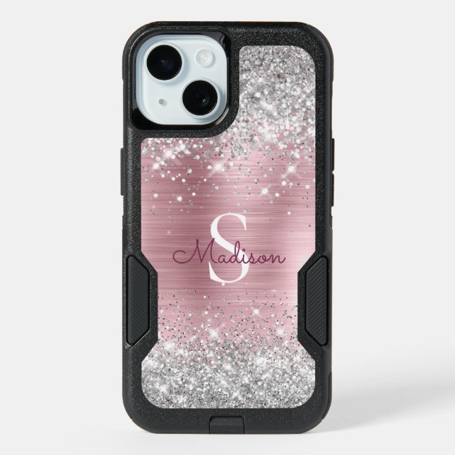 Cute rose blush silver faux glitter monogram Case- iPhone 15 Case (Back)