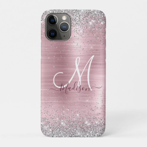 Cute rose blush silver faux glitter monogram iPhone 11 pro case