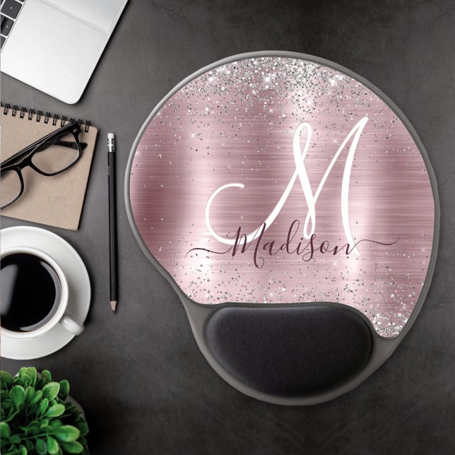 Cute rose blush silver faux glitter monogram gel mouse pad (Creator Uploaded)