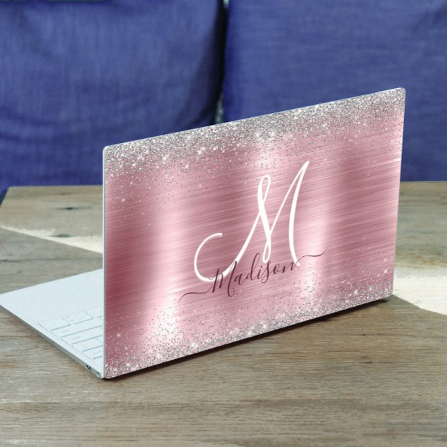 Cute rose blush silver faux glitter monogram HP laptop skin (Creator Uploaded)