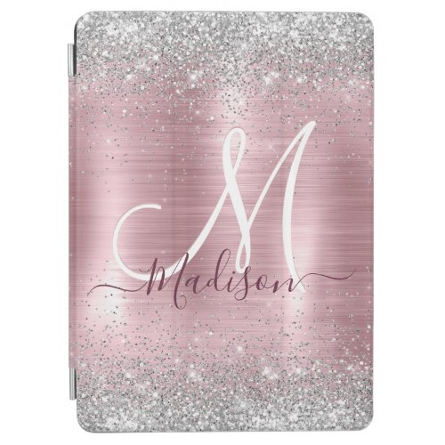 Cute rose blush silver faux glitter monogram iPad air cover