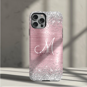 Cute rose blush silver faux glitter monogram iPhone 17 pro case