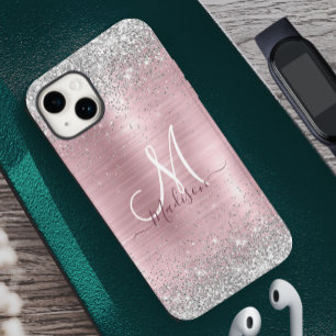 Cute rose blush silver faux glitter monogram iPhone 14 case