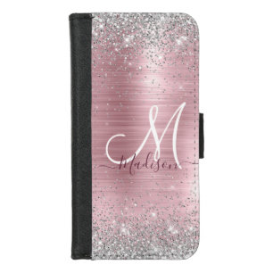 Cute rose blush silver faux glitter monogram iPhone 8/7 wallet case