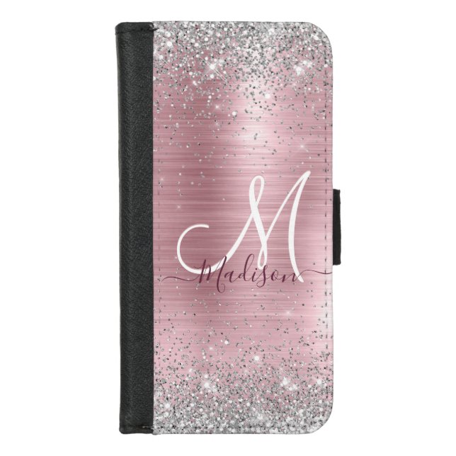 Cute rose blush silver faux glitter monogram iPhone wallet case (Front)